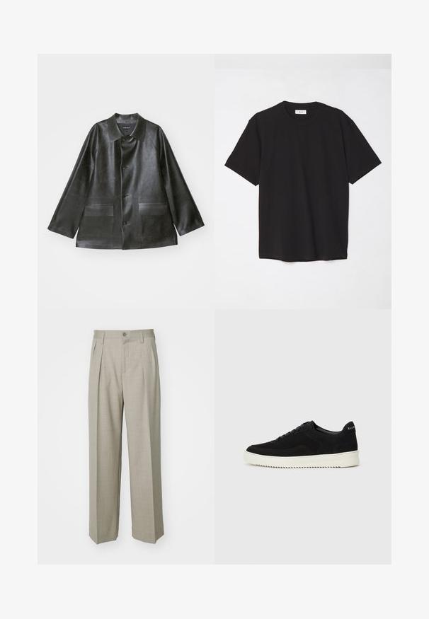 Emporio Armani CABAN - Kunstnahast jakk - lavagna; Must must t-särk, millel on ümmargune kaelus, lühikesed varrukad ja lõdva soe. Lihtne disain, sile tekstuur ja nähtamatud mustrid või logod.; Filippa K WIDE TROUSERS - Püksid - sage melange; Mustad suede jooksujalatsid, millel on paelad ja kontrastne valge kummitald. Omab tekstuuriga külgpaneele ja tagasihoidlikku brändimist kandadel.