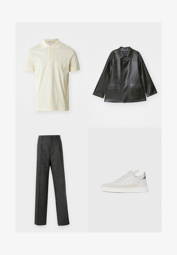 Emporio Armani CABAN - Dirbtinės odos striukė - lavagna; Šviesiai geltonas polo marškinėliai, pagaminti iš minkštos medvilnės. Turi klasikinį apykaklę, trijų mygtukų užsegimą ir trumpas rankoves. Diskretiškas prekės ženklo logotipas ant krūtinės.; Pilki pritaikyti kelnių modeliai, pagaminti iš tekstūruotos medžiagos, su dviem priekiniais klostėmis ir tiesiogine kojų forma. Nėra matomų kišenių ar puošybų.; Balti odiniai sportbačiai su pilkais zomšos akcentais, su raišteliais, su traukimo juostele ir tekstūruota guma, kurioje matomas zigzago raštas.