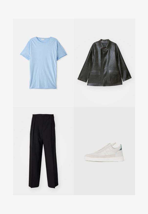 Emporio Armani CABAN - Faux leather jacket - lavagna; Light blue short-sleeve crew neck t-shirt, laid flat on a white background.; Black pleated trousers with a straight, wide-leg design. Made from smooth fabric, featuring a button closure and belt loops.; White leather sneakers with gray suede accents, lace-up design, pull tab, and textured rubber sole featuring a zigzag pattern.