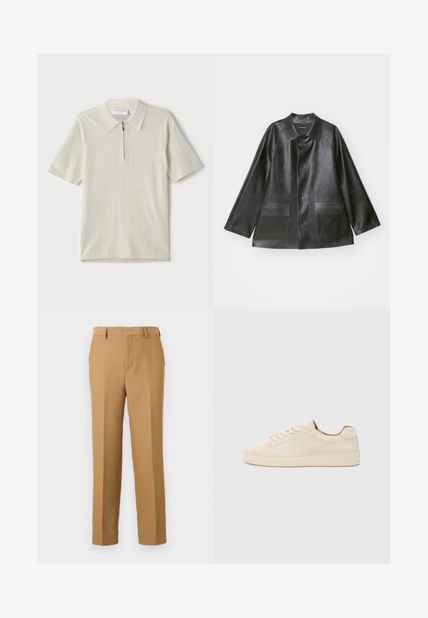 Emporio Armani CABAN - Bunda z nepravej kože - lavagna; Polo tričko s krátkymi rukávmi v svetlom béžovom odtieni so zipsom pri golieri. Vyrobené z hladkej látky, má jednoduchý, moderný dizajn bez vzorov.; Béžové nohavice z tkaného materiálu, so rovný strihom, plochým predným dielom a pútkami na opasok. HladkáTextúra bez viditeľných vzorov.; Svetlohnedé semišové tenisky s nízkym strihom, okrúhlou špičkou, plochými šnúrkami a textúrovanou gumovou podrážkou. Minimalistický štýl bez viditeľných log.