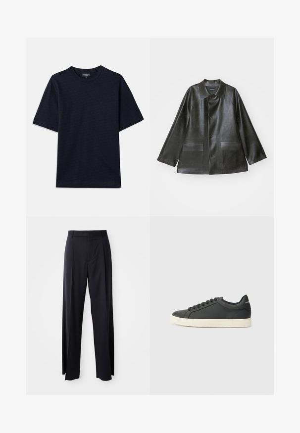 Emporio Armani CABAN - Dirbtinės odos striukė - lavagna; Tamsiai mėlyna marškinėliai su tekstūruotu raštu, apvaliu iškirpimu ir trumpomis rankovėmis. Diskretiškas logotipo detalė krūtinėje, pagaminti iš minkštos medvilnės audinio.; Juodi, aukštai užtraukiami kelnių modeliai su plačiomis kojomis, pagaminti iš lygaus audinio. Yra priekiniai raukšlės ir diržo kilpos. Minimalistinio dizaino, be matomų detalių.; Juodos odinės sportinės bateliai su žemu profiliu, apvaliu pirštu ir raištelių uždarymu; turi tekstūruotą guminį padą ir logotipo detalę ant kulno.