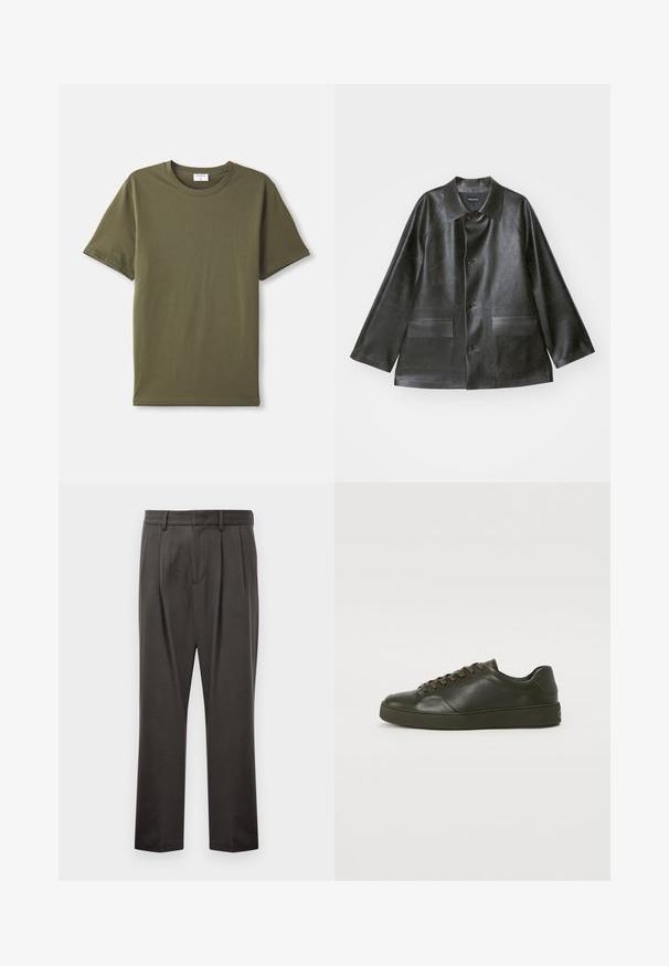 Emporio Armani CABAN - Giacca in similpelle - lavagna; Maglietta a maniche corte verde oliva, con colletto girocollo, distesa su uno sfondo bianco.; Pantaloni grigi scuri realizzati in tessuto testurizzato, con fronte piatto, pince, gambe dritte e passanti per cintura. Nessuna ferramenta o motivo visibile.; Sneaker in cuoio verde scuro con lacci marroni, punta tonda e suola in gomma testurizzata. Finitura liscia con dettagli di cucitura minimi.