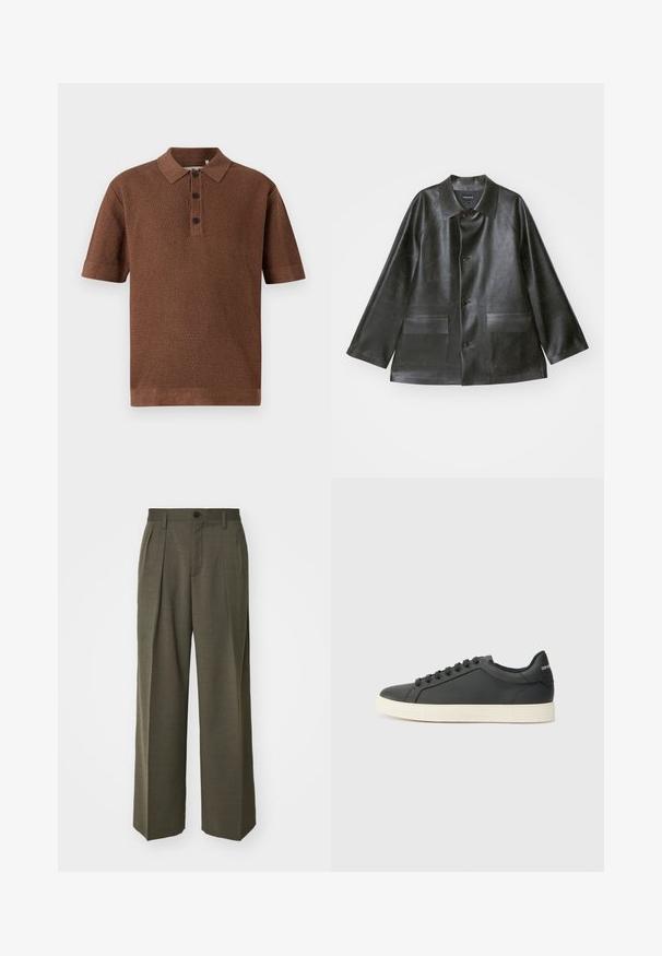 Emporio Armani CABAN - Műbőr dzseki - lavagna; Barna kötött pólóing textúrázott mintával, rövid ujjakkal, három gombbal, bordás gallérral és szegéllyel.; Filippa K WIDE TROUSERS - Nadrágok - driftwood; Fekete bőr sportcipő alacsony profilú, lekerekített orral és fűzős záródással; texturált gumitalppal és logó részlettel a saroknál.
