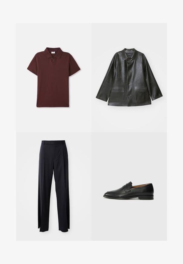 Emporio Armani CABAN - Bunda z nepravej kože - lavagna; Bordový polo tričko vyrobené z bavlny, s klasickým golierom, krátkymi rukávmi a dve gombíky na zapínanie. Hladká textura, minimalistický dizajn.; Čierne, vysoké nohavice so širokým strihom, vyrobené z hladkej látky. Obsahujú predné skladby a pútka na opasok. Minimalistický dizajn, bez viditeľnej kovania.; Čierne kožené mokasíny s okrúhlou špičkou, jemným prešitím a nízkym podpätkom, s hladkou textúrou a minimalistickým dizajnom.