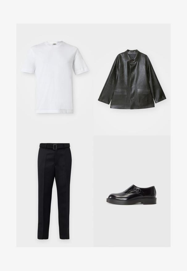 Emporio Armani CABAN - Faux leather jacket - lavagna; White cotton t-shirt with short sleeves, crew neckline, and a smooth texture. No patterns or accents are visible.; Black tailored trousers feature a smooth fabric, straight cut, and a belted waist with a rectangular buckle. Notable front creases enhance the design.; Black leather shoe with a rounded toe, low black heel, and a decorative strap. Smooth texture with a shiny finish.