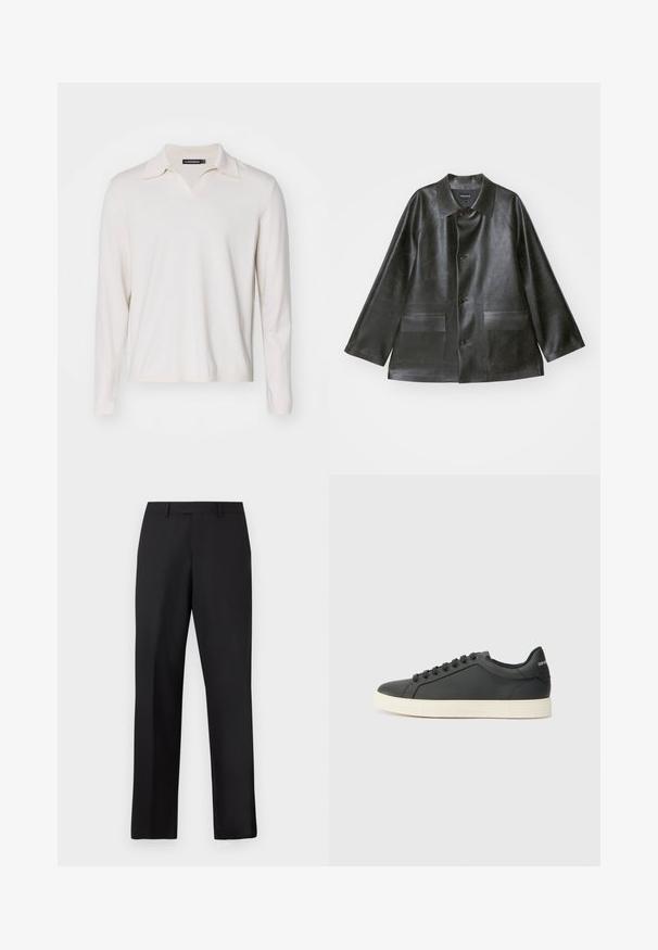 Emporio Armani - Kurtka ze skóry ekologicznej; Kremowa koszulka polo z długim rękawem i dekoltem w kształcie V. Miękka tkanina, ściągacze przy rękawach i wykończeniu. Prosty design bez wzorów i akcentów.; Czarne spodnie o prostych nogawkach wykonane z gładkiej tkaniny. Posiadają standardowy pas i nie mają widocznych wzorów ani zdobień.; Czarne skórzane trampki o niskim profilu, z zaokrąglonym noskiem i sznurowanym zapięciem; posiadają teksturowaną gumową podeszwę oraz detal z logo na pięcie.