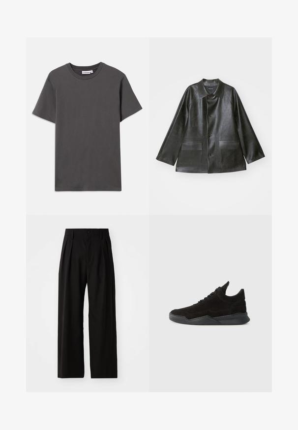 Emporio Armani CABAN - Műbőr dzseki - lavagna; Sötét szürke, sima anyagú, rövidujjú, kerek nyakú póló, a gallér belső részén egy kis fehér márkacímkével, fehér háttéren.; Fekete, széles lábú nadrág sima textúrával, két elülső redővel, gombos záródással és oldalsó zsebekkel. Tartós anyag.; Fekete nubuk sportcipő alacsony profilú, texturált felsőrésszel, lapos fűzőkkel és szilárd gumitalppal, amely enyhe sarkot és ívelt formát tartalmaz.