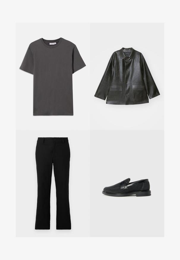 Emporio Armani CABAN - Kunstlederjacke - lavagna; Ein schlichtes, dunkelgraues T-Shirt mit kurzen Ärmeln und Rundhalsausschnitt, mit einem kleinen weißen Markenschild im Kragen, auf einem weißen Hintergrund.; Schwarze, weit geschnittene Hosen aus einem Baumwollgemisch, mit einem Knopfverschluss, Gürtelschlaufen und einer glatten Textur ohne sichtbare Muster.; Schwarzer geflochtener Slipper mit einem glatten Lederakzent im Obermaterial, einem runden Zehendesign und einer flachen Gummisohle.