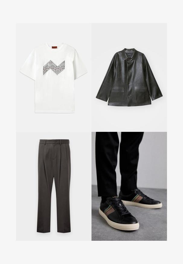 Emporio Armani CABAN - Mākslīgās ādas jaka - lavagna; Balts kokvilnas t-krekls ar daudzkrāsainu zigzaga rakstu priekšpusē. Apaļa kakla izgriezums un īsas piedurknes. Logo detalizācija zem raksta.; Tumši pelēki bikses, izgatavotas no teksturēta auduma, ar taisnu priekšpusi, krokojumu, taisnām kājām un jostu cilpām. Nav redzamu metālu detaļu vai rakstu.; Melni ādas sporta apavi ar daudzkrāsainām svītrām, apaļa purngala forma, balti gumijas zole, ar aukliņu aizdari un ieplestu logo.