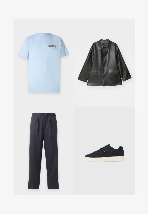 Emporio Armani CABAN - Dirbtinės odos striukė - lavagna; Šviesiai mėlynas medvilninis marškinėliai su apvaliu iškirpimu ir trumpomis rankovėmis. Siuvinėtas dizainas su persidengiančiais apskritimais geltonos, raudonos ir mėlynos spalvų.; Tamsiai mėlynos kelnės, pagamintos iš švelnios medžiagos, su klostėtu priekiu ir elastingu juosmeniu. Yra mygtuko užtrauktukas ir tiesios išklikimo pjūvis.; Tamsiai mėlynos zomšos žemos batai su balta siaura, tamsiai mėlynais raišteliais ir auksiniu logotipu „Filling Pieces“ šone.