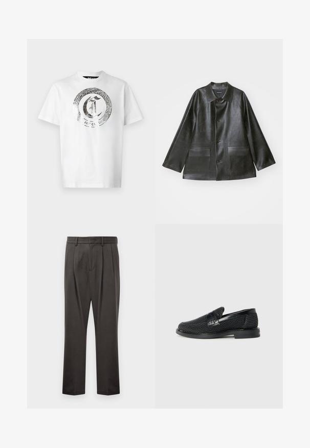 Emporio Armani CABAN - Kunstnahast jakk - lavagna; Valge puuvillane T-särk, millel on suur hõbedane ümmargune graafika, kus on kujutatud madu ja tekst "JUST CAVALLI" keskel. Lühikesed varrukad, ümar kaelus.; Tumedashallased püksid, mis on valmistatud tekstuuriga kangast, lame esiosa, voldid, sirged jalad ja vöökohastab. Pole nähtavat riistvara ega mustreid.; Must musta kootud slip-on king, millel on pehme nahast accent ülaserval, ümmargune varvas ja madal profiiliga kummitald.