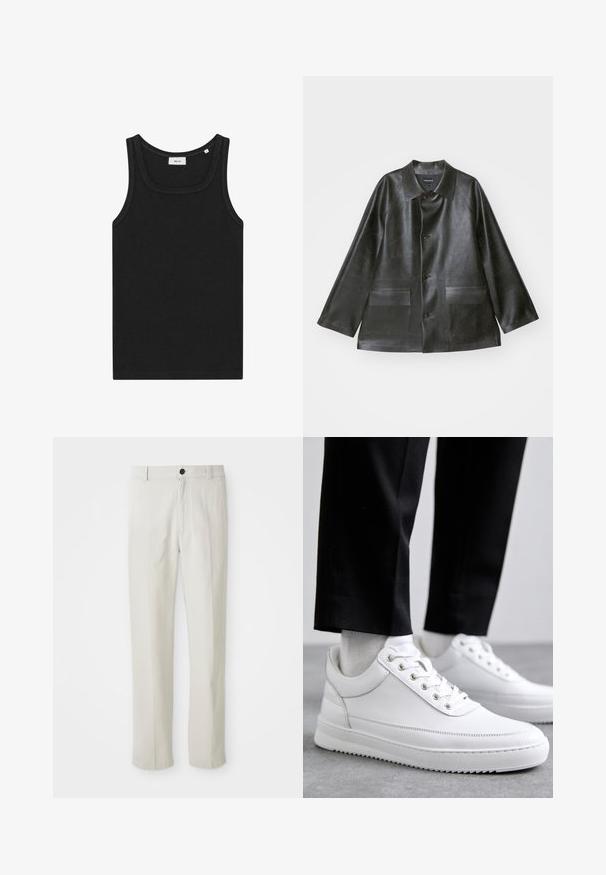 Emporio Armani CABAN - Kunstnahast jakk - lavagna; Must have mustal aga varrukateta tank top, mis on valmistatud pehmest kangast. Omab ümmargust kaelaauku ja puhtaid servi ning lihtsat disaini, ilma nähtavate logodeta.; Beezid sirgedega püksid, millel on vöökohakinnitus, esine nupuga ja tõmblukk, näidatud lapikult valgel taustal.; Valged nahast tennisetossud, millel on lame kummist tallapool, sile viimistlus, ümar varvas ja metallist silmadega paelte jaoks. Kantud mustade pükstega.