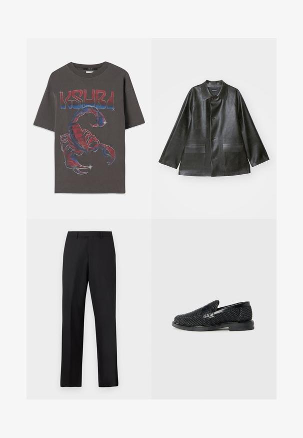 Emporio Armani CABAN - Chaqueta de cuero sintético - lavagna; Camiseta gris de gran tamaño hecha de algodón, con un gráfico colorido de un escorpión con detalles en azul y rojo, y el texto "KSUBI" arriba en fuente negrita.; Pantalones negros de pierna recta hechos de tela suave. Cuentan con una pretina estándar y no tienen patrones ni detalles visibles.; Zapato negro de tejido con un acento de cuero suave en la parte superior, diseño de punta redonda y suela de goma de perfil bajo.