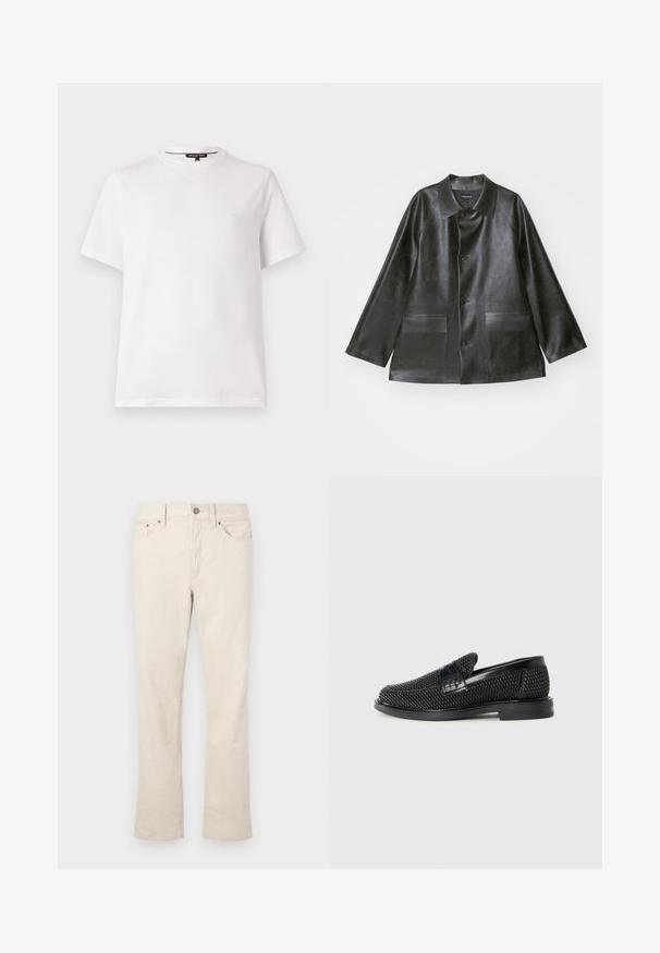 Emporio Armani CABAN - Jacka i konstläder - lavagna; Vitt t-shirt med korta ärmar gjort av bomull, med rund halsringning och en liten logo "MK" broderad på vänster bröst. Slät yta.; Beige, bomullsmixjeans med rak bendesign. Har en framsida med knapp och dragkedja, fem fickor och subtila sömdetaljer.; Svart vävd slip-on sko med en slät läderdetalj på ovansidan, med rund tådesign och en låg gummisula.