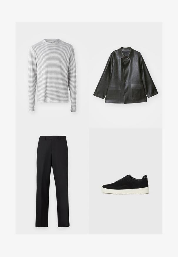 Emporio Armani CABAN - Faux leather jacket - lavagna; Long-sleeve shirt in light gray with thin horizontal stripes. Round neckline, soft fabric, and casual fit. No visible hardware or accents.; Black, straight-leg trousers made of smooth fabric. Features a standard waistband and no visible patterns or accents.; Black suede sneaker with lace-up design and contrasting white rubber sole. Features textured side panels and subtle branding on the heel.