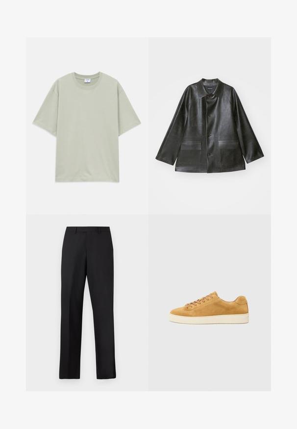 Emporio Armani CABAN - Műbőr dzseki - lavagna; Világoszöld, laza szabású, rövid ujjú pamut póló, kerek nyakkivágással, fehér háttéren kifektetve.; Fekete, egyenes szárú nadrág sima anyagból. Standard derékpánttal rendelkezik, és nincsenek látható minták vagy díszítések.; Barna velúr sportcipő alacsony profillal, kerek orral és fűzős előlappal. Krémszínű gumitalp, finom textúrával és minimális részletezéssel.