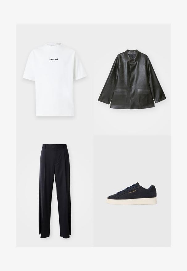 Emporio Armani CABAN - Μπουφάν από συνθετικό δέρμα - lavagna; Λευκό κοντομάνικο μπλουζάκι με στρογγυλή λαιμόκοψη και μικρό μαύρο κείμενο "roberto cavalli" κεντραρισμένο στο στήθος.; Μαύρο παντελόνι ψηλόμεσο με φαρδιά γραμμή, κατασκευασμένο από απαλό ύφασμα. Διαθέτει πιέτες εμπρός και θηλιές ζώνης. Μινιμαλιστικός σχεδιασμός, χωρίς ορατά αξεσουάρ.; Ναυτικό μπλε σουέτ χαμηλά πάνινα παπούτσια με λευκή σόλα, ναυτικά κορδόνια και λογότυπο "Filling Pieces" σε χρυσό στο πλάι.