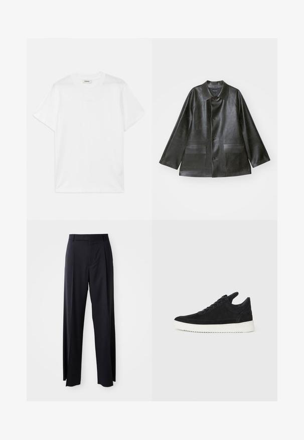 Emporio Armani CABAN - Bunda z umělé kůže - lavagna; Bílý bavlněný tričko s kulatým výstřihem, krátkými rukávy a jemným logem potisknutým na přední straně. Hladká textura a jednoduchý design.; Černé kalhoty s vysokým pasem a širokým střihem, vyrobené z hladké látky. Mají přední sklady a poutka na opasek. Minimalistický design, bez viditelného kovového hardwaru.; Černé semišové tenisky s bílou gumovou podrážkou, s tónovým prošitím a šněrováním. Hladký povrch s moderním, aerodynamickým tvarem.