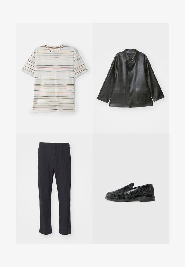 Emporio Armani CABAN - Dirbtinės odos striukė - lavagna; Trumpas rankovės marškinėlis, kreminiu pagrindu ir daugiakomponentėmis horizontaliomis juostelėmis. Minkšta medžiaga, apvalus kaklas, tiesus kirpimas, minimalistiškas dizainas.; Juodos pregamos kelnės su tekstūruotu audiniu, turinčios tiesią kojos dizainą ir standartinį liemenį. Nėra matomų kišenių ar metalinių detalių.; Juodas pintas slip-on tipo batelis su lygiu odiniu akcentu viršuje, apvalios nosies dizainas ir žemas guminis padas.