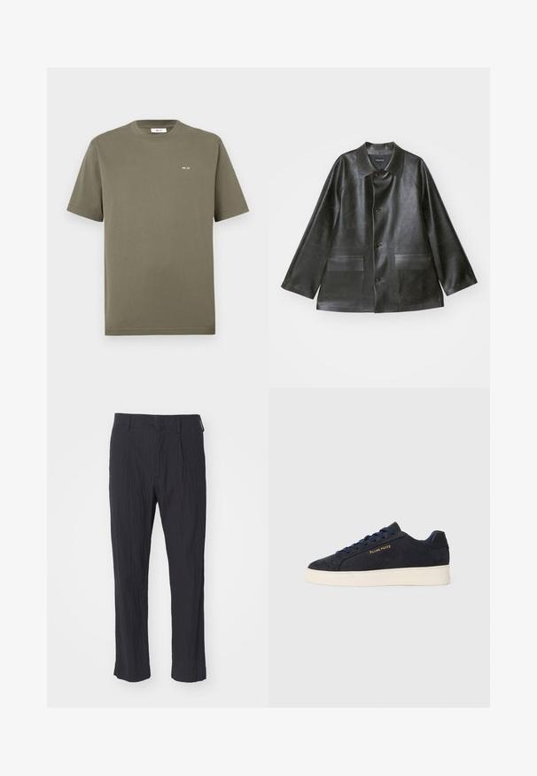 Emporio Armani CABAN - Mākslīgās ādas jaka - lavagna; Olīvu zaļš kokvilnas T-krekls, īsām piedurknēm, apaļa kakla izgriezums, ar nelielu balto tekstu "NN. 07" uz kreisā krūts, gluda tekstūra, parastā piegriezuma.; Melnas plisētās bikses ar teksturētu audumu, kas ir taisna kāju dizainā un ar standarta jostasvietu. Nav redzamu kabatu vai metāla elementu.; Navy zila zamšas zema augstuma kedas ar baltu zoli, navy krāsas auklām un "Filling Pieces" logo zeltā sānos.