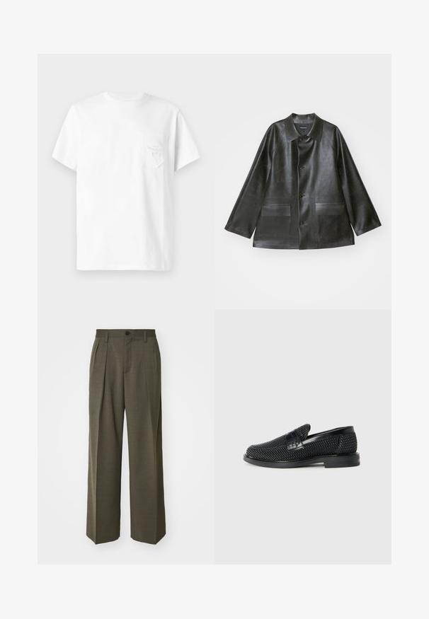 Emporio Armani CABAN - Jacka i konstläder - lavagna; Vit kortärmad T-shirt med rund hals och en liten framficka som har diskret broderad text och design.; Filippa K WIDE TROUSERS - Tygbyxor - driftwood; Svart vävd slip-on sko med en slät läderdetalj på ovansidan, med rund tådesign och en låg gummisula.