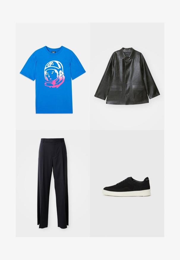 Emporio Armani CABAN - Kunstnahast jakk - lavagna; Sinine puuvillane T-särk, millel on valge ja roosa graafiline trükk astronaudi näost. Lühikesed varrukad ja klassikaline ümar kaelus.; Mustad, kõrge vöökohtaga püksid laia säärte lõikega, valmistatud siledast kangast. Omab ees plekke ja vöörihmade jaoks silmuseid. Minimalistlik disain, nähtavat riistvara pole.; Mustad suede jooksujalatsid, millel on paelad ja kontrastne valge kummitald. Omab tekstuuriga külgpaneele ja tagasihoidlikku brändimist kandadel.