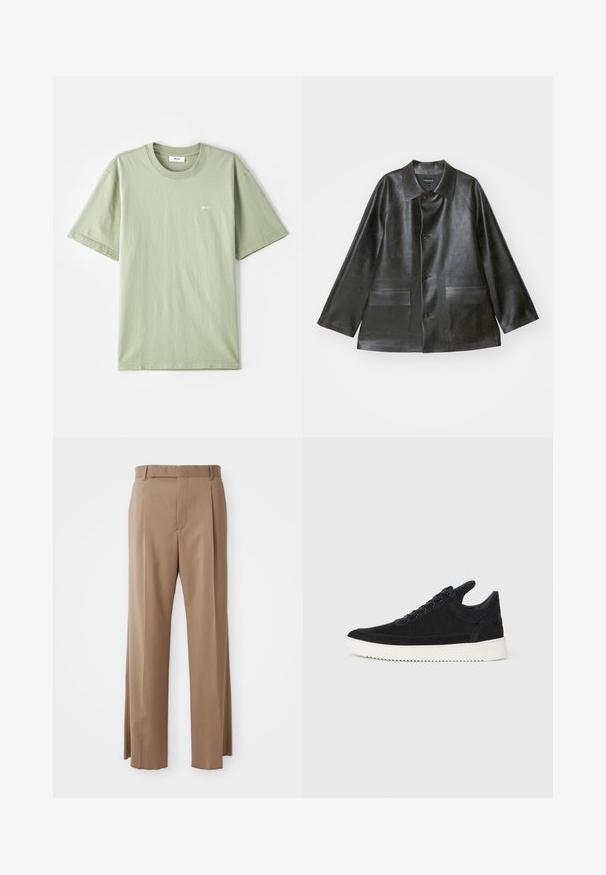 Emporio Armani CABAN - Faux leather jacket - lavagna; Light green cotton t-shirt with short sleeves, crew neck, and small white logo on the chest. Soft texture, casual fit, and minimal design.; Light brown tailored trousers with straight legs, belt loops, front seam, and concealed fastening, displayed flat on white background.; Black suede sneaker with a white rubber sole, featuring tonal stitching and lace-up design. Smooth texture with a modern, streamlined shape.