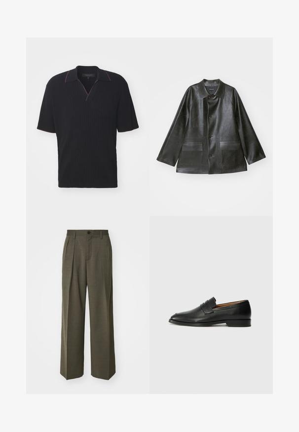 Emporio Armani CABAN - Keinonahkatakki - lavagna; rag & bone HARBOR JOHNNY COLLAR - Pikeepaita - black; Filippa K WIDE TROUSERS - Housut - driftwood; Musta nahkainen loafer, jossa on pyöreä kärki, hienovarainen ommelkoristelu ja matala korko, joka on varustettu sileällä pinnalla ja minimalistisella designilla.