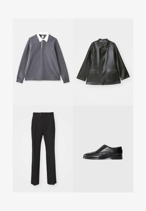 Emporio Armani CABAN - Kunstnahast jakk - lavagna; Hallhalli pikkade varrukatega polo särk, mis on valmistatud puuvilla segust, valge kraega. Omab nööpidega sulgemist ja tikitud logosid allääres.; Mustad vooderdatud püksid, millel on sirge sääre disain, kaks esikotti ja topelt-nööbikinnitus vööosas. Sile kangatekstuur.; Must musta kingad ümmarguse toe, sile tekstuur, lipsudega disain ja peene õmbluse detail, madala ja tasase kontsaga.