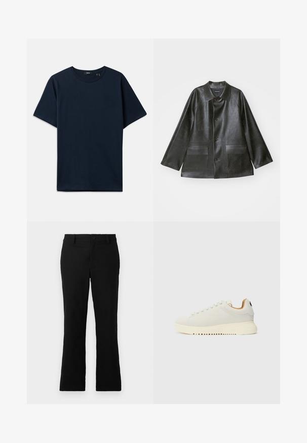 Emporio Armani CABAN - Giacca in similpelle - lavagna; T-shirt in cotone blu navy con maniche corte, scollatura rotonda e vestibilità rilassata. Design minimalista senza motivi o accenti visibili.; Pantaloni neri a campana realizzati in tessuto misto cotone, caratterizzati da chiusura con bottone, passanti per cintura e una superficie liscia senza motivi visibili.; Sneaker bianco con tomaia in pelle liscia, suola in gomma crema spessa e cuciture sottili. Design minimalista con punta arrotondata e sistema di allacciatura.