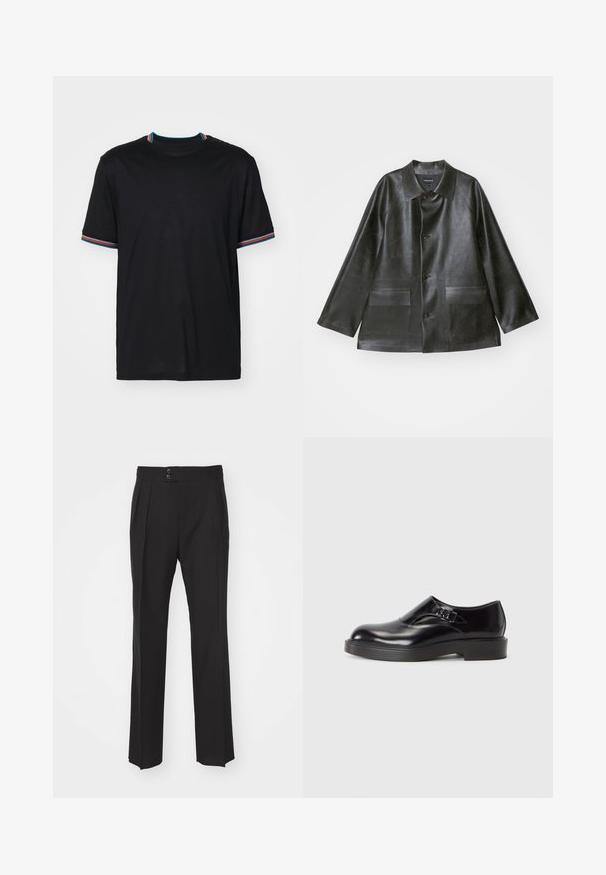 Emporio Armani CABAN - Bunda z umělé kůže - lavagna; Černé tričko s krátkým rukávem a kulatým výstřihem, se mnohobarevnými pruhovanými detaily na límci a rukávech. Měkká textilie.; Černé upravené kalhoty s rovnými nohavicemi, dvěma předními kapsami a zapínáním na dvojnásobný knoflík v pase. Hladký textilní materiál.; Černá kožená bota s kulatou špičkou, nízkým černým podpatkem a dekorativním páskem. Hladký povrch s lesklýmfinish.