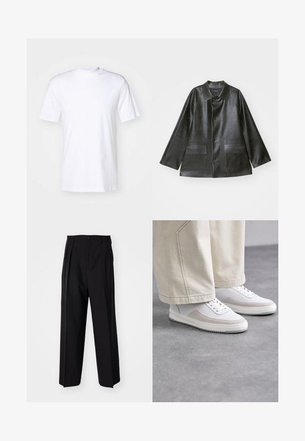 Emporio Armani CABAN - Műbőr dzseki - lavagna; Fehér, rövid ujjú pamut póló, kerek nyakkivágással és egyenes szegéllyel. Sima textúra, látható minták vagy díszítések nélkül.; Fekete, pliszírozott nadrág, egyenes, széles lábakkal. Sima anyagból készült, gombos záródással és övhurkokkal rendelkezik.; Fehér sportcipők sima bőr felsőrésszel, bézs velúr részletekkel, lapos fűzőkkel és texturált gumitalppal, világos színű, bő szárú nadrággal párosítva.