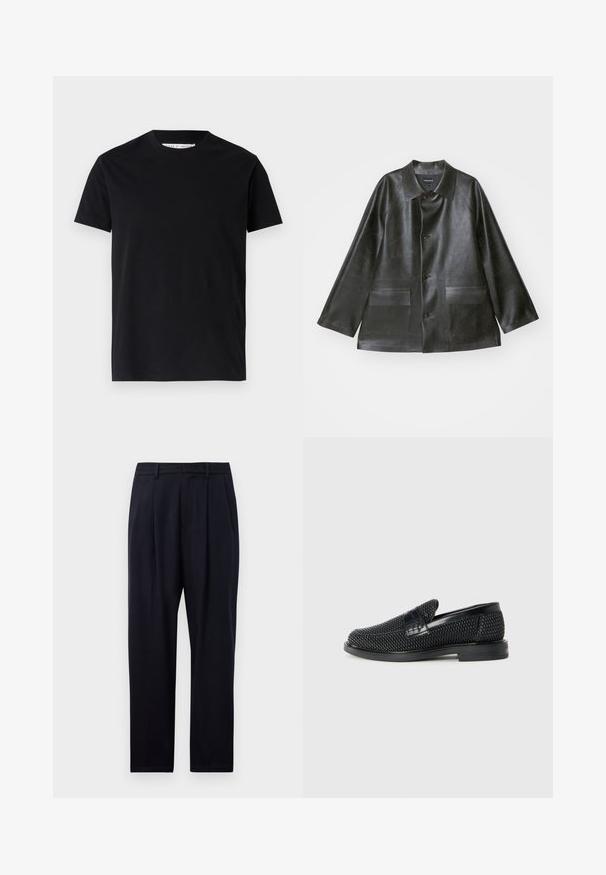 Emporio Armani CABAN - Mākslīgās ādas jaka - lavagna; Melnā īsām piedurkņu T-kreklā, izgatavots no kokvilnas, ar apaļu kakla izgriezumu un gludu tekstūru, bez redzamām rakstām vai akcentiem.; Navy krāsas bikses taisnā piegriezumā, ar fakturētu audumu, diviem priekšējiem vīlēm, jostas cilpām un rāvējslēdzēja aizdari.; Melnas austas slaidu kurpes ar gludu ādas akcentu augšpusē, apaļas formas purngalu un zemas profila gumijas zoli.