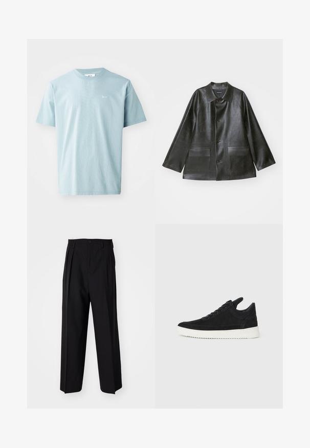 Emporio Armani CABAN - Műbőr dzseki - lavagna; Világoskék pamut póló rövid ujjakkal, kerek nyakkivágással és apró fehér logóval az elején. Simább textúra, lezser fazon.; Fekete, pliszírozott nadrág, egyenes, széles lábakkal. Sima anyagból készült, gombos záródással és övhurkokkal rendelkezik.; Fekete nubuk sportcipő fehér gumitalppal, tónusos varrással és fűzős kialakítással. Simák a textúrája, modern, letisztult formával rendelkezik.