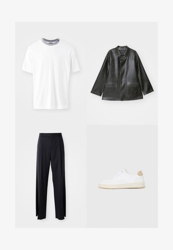 Emporio Armani - Kurtka ze skóry ekologicznej; Biała, krótki rękaw, koszulka z okrągłym dekoltem, z kontrastowym ciemnoniebieskim prążkowanym kołnierzem i gładką bawełnianą tkaniną.; Czarne, wysokie spodnie o szerokim kroju, wykonane z gładkiego materiału. Posiadają zakładki z przodu i paski na pasek. Minimalistyczny design, bez widocznych elementów metalowych.; Białe niskie sneakersy z teksturowanej skórzanej cholewce, kremową żłobioną podeszwą i brązowym akcentem na pięcie. Posiadają białe sznurowadła i detal z logo na pięcie.