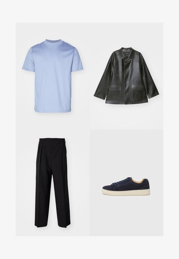 Emporio Armani CABAN - Bunda z umělé kůže - lavagna; Světle modré tričko s krátkým rukávem a vysokým kulatým výstřihem, vyrobené z jemné bavlny. Má čistý, jednoduchý design bez viditelných log.; Černé skládací kalhoty s rovnými, širokými nohavicemi. Vyrobené z hladké tkaniny, se zapínáním na knoflík a poutky na opasek.; Námořnické semišové nízké tenisky s kulatou špičkou, krémovou gumovou podrážkou a odpovídajícími tkaničkami; obsahují kontrastní hnědou podšívku.