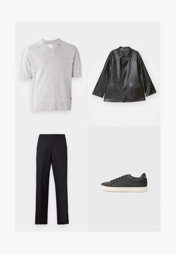 Emporio Armani CABAN - Műbőr dzseki - lavagna; Rövid ujjú, szürke kötött póló, V-nyakkal, finom állaggal, bordázott szegéllyel és ujjakra. A márkacímke belül látható.; Fekete, egyenes szárú nadrág sima anyagból. Standard derékpánttal rendelkezik, és nincsenek látható minták vagy díszítések.; Fekete bőr sportcipő alacsony profilú, lekerekített orral és fűzős záródással; texturált gumitalppal és logó részlettel a saroknál.