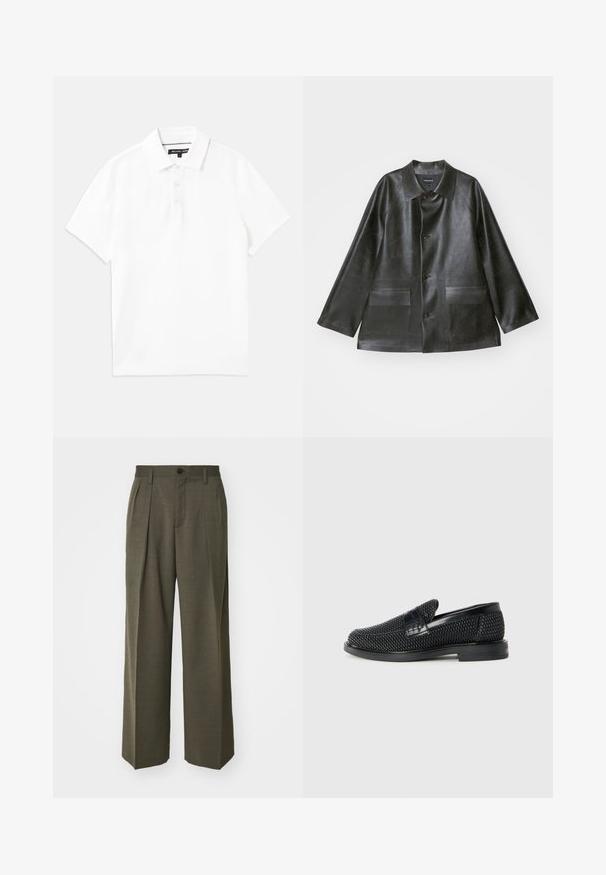 Emporio Armani CABAN - Műbőr dzseki - lavagna; Fehér pólóing légáteresztő pamutkeverékből, gallérral, rövid ujjú, háromgombos nyakkal. Simább textúra, nincs mintázat.; Filippa K WIDE TROUSERS - Nadrágok - driftwood; Fekete szőtt slip-on cipő sima bőr díszítéssel a felsőrészen, kerek orral és alacsony profilos gumitalppal.