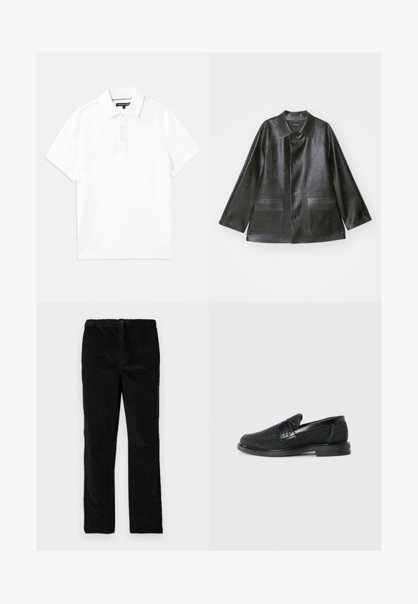 Emporio Armani CABAN - Műbőr dzseki - lavagna; Fehér pólóing légáteresztő pamutkeverékből, gallérral, rövid ujjú, háromgombos nyakkal. Simább textúra, nincs mintázat.; Fekete, egyenes szárú bársony nadrág, elasztikus derékrésszel és elől húzózsinórral, egyszerű fehér háttér előtt kiemelve.; Fekete szőtt slip-on cipő sima bőr díszítéssel a felsőrészen, kerek orral és alacsony profilos gumitalppal.