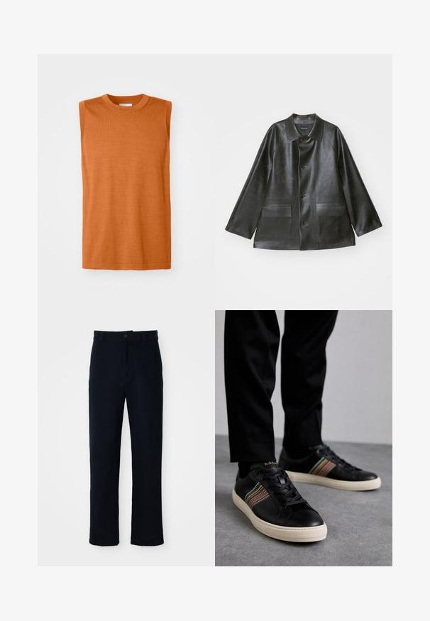 Emporio Armani CABAN - Bunda z umělé kůže - lavagna; Bezrukávý oranžový pletený top s kulatým výstřihem, hladkou texturou a rovnými liniemi, s čistým lemem a minimálními detaily.; Námorně modré kalhoty vyrobené ze 100 % bavlny, s rovnými nohavicemi, předním zapínáním na knoflík a klasickým pasem s poutky na pásek.; Černé kožené tenisky s barevnými pruhovanými akcenty, kulatou špičkou a bílou gumovou podrážkou, s designem na šněrování a embosovaným brandingem.