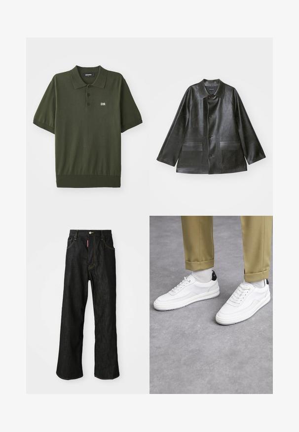 Emporio Armani CABAN - Kunstlederjacke - lavagna; Dunkelgrünes Poloshirt aus Strickstoff. Mit klassischem Kragen, drei Knöpfen, kurzen Ärmeln und einem kleinen "D2"-Logo auf der Brust.; Schwarze gerade Jeans mit gelben Nähten, Fünf-Taschen-Design, Knopfverschluss und einem kleinen roten Etikett an der rechten Vorderseite der Tasche.; Weiße Sneakers mit einer strukturierten Lederoberfläche, abgerundeter Zehenpartie und schwarzem Fersenakzent. Gummisohle mit kleinem Profilmuster und genähten Details.