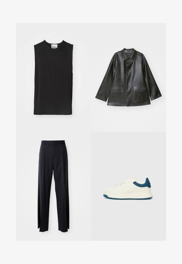 Emporio Armani CABAN - Jachetă din imitație de piele - lavagna; Top negru fără mâneci, realizat dintr-un material neted, cu un decolteu rotund și o croială lejeră, având cusături curate și fără accente sau modele vizibile.; Pantaloni negri, cu talie înaltă și croi evazat, dintr-un material fin. Prezintă pliseuri frontale și buzunare cu curea. Design minimalist, fără accesorii vizibile.; Adidași albi cu un finisaj neted, accente texturate de culoare albastră în jurul gulerului și o talpă groasă. Dispune de șireturi rotunde și un design low-top.