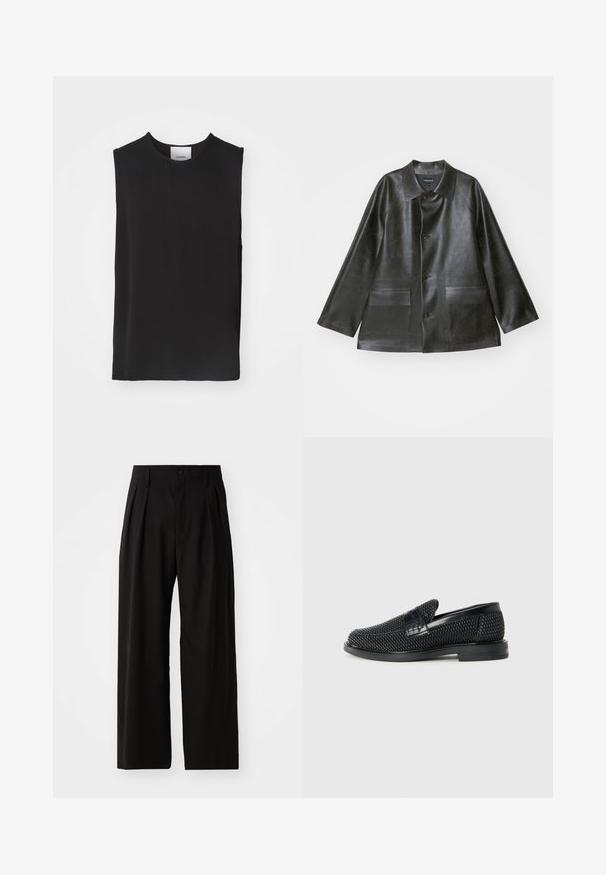 Emporio Armani CABAN - Bunda z nepravej kože - lavagna; Čierny top bez rukávov vyrobený z hladkej tkaniny, s okrúhlym výstrihom a voľným strihom, s čistými švami a bez viditeľných akcentov alebo vzorov.; Čierne nohavice s širokými nohavicami a hladkou textúrou, so zložením vpredu, zapínaním na gombík a bočnými vreckami. Odolná látka.; Čierne tkané slip-on topánky s hladkým koženým akcentom na vrchnej časti, s okrúlym dizajnom špičky a nízkoprofilovou gumovou podrážkou.