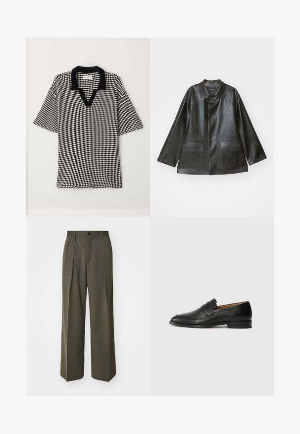 Emporio Armani - Kurtka ze skóry ekologicznej; Czarna i biała koszulka polo z wzorem w kratkę, z dekoltem w serek oraz kontrastowym czarnym kołnierzykiem. Krótkie, szerokie rękawy zapewniają luźny krój.; Filippa K - Spodnie materiałowe; Czarne skórzane mokasyny z zaokrąglonym noskiem, subtelnymi przeszyciami i niskim obcasem, charakteryzujące się gładką teksturą i minimalistycznym designem.