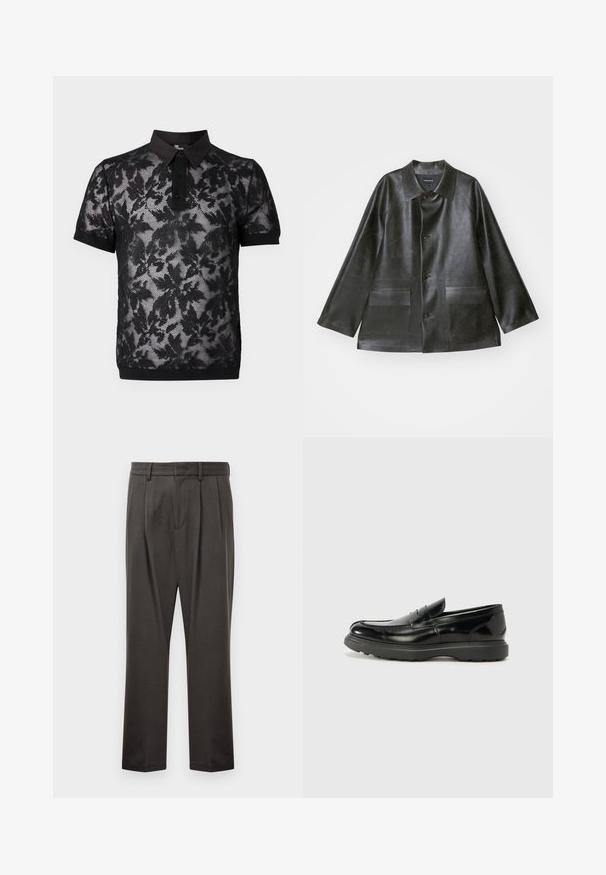 Emporio Armani CABAN - Bunda z nepravej kože - lavagna; The Kooples PULL - Polokošeľa - black; Tmavo sivé nohavice vyrobené z textúrovanej tkaniny, s plochým predným dielom, prešiami, rovným strihom a pútkami na opasok. Bez viditeľného kovania alebo vzorov.; Čierne kožené mokasíny s lesklým povrchom, okrúhlou špicou, subtilnými švami a hrubou gumovou podrážkou pre zvýšenú odolnosť.