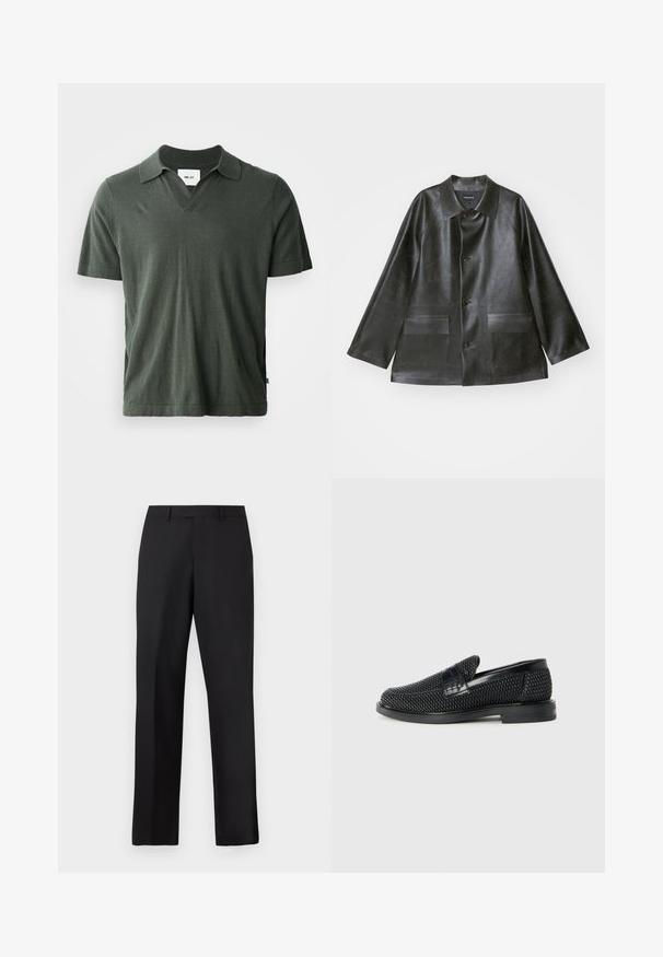 Emporio Armani CABAN - Mākslīgās ādas jaka - lavagna; Tumši zaļš īsām piedurknēm polo krekls ar V-veida kakla izgriezumu, izgatavots no mīksta auduma, ar taisnu apakšmalu un sānu ienirstiem komfortam.; Melnas, taisnas bikses no gludas auduma. Tām ir standarta jostasvieta, bez redzamiem rakstiem vai akcentsiem.; Melnas austas slaidu kurpes ar gludu ādas akcentu augšpusē, apaļas formas purngalu un zemas profila gumijas zoli.