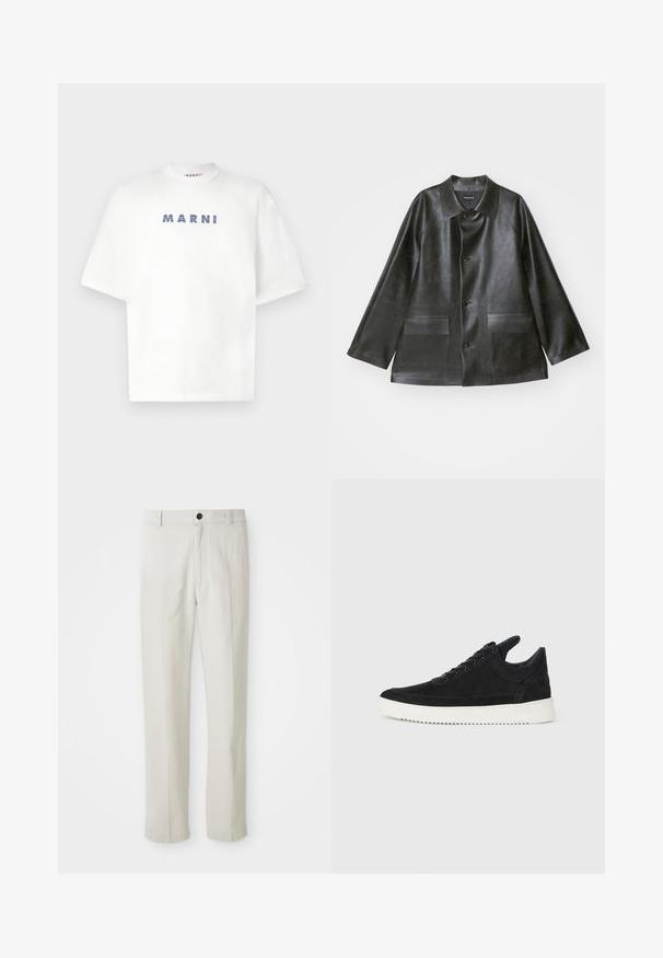 Emporio Armani CABAN - Dirbtinės odos striukė - lavagna; Balta medvilninė marškinėliai su trumpomis rankovėmis ir apykakle. Priekyje yra mėlynomis juostomis atspausdintas užrašas "MARNI".; Bežiniai tiesūs keliai su diržo kilpomis, priekiniais mygtukais ir užtrauktuku, išdėstyti ant balto fono.; Juodų suede sportbačių su balta gumine padu, su toniniais siuvinėjimais ir raištelių užsegimu. Sklandus paviršius su šiuolaikine, laiko forma.
