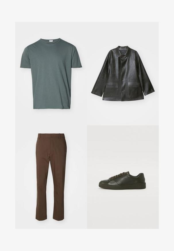 Emporio Armani CABAN - Faux leather jacket - lavagna; Dark green crew-neck t-shirt, short sleeves, soft fabric, relaxed fit, smooth texture, no visible patterns or accents.; NN.07 BILLIE - Trousers - brown; Dark green leather sneaker with brown laces, rounded toe, and a textured rubber sole. Smooth finish with minimal stitching details.
