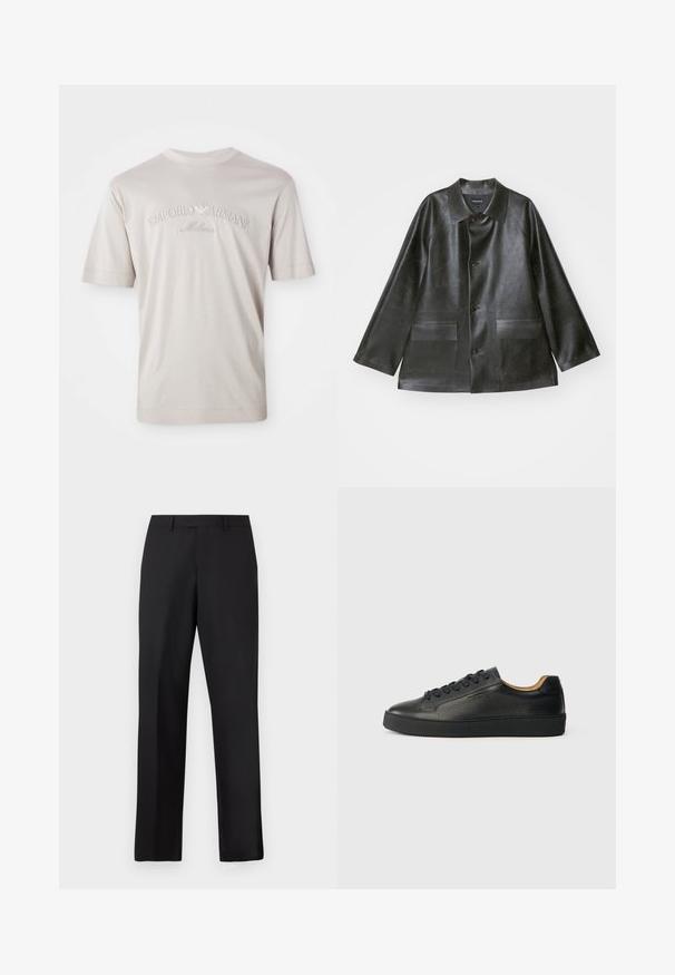 Emporio Armani CABAN - Mākslīgās ādas jaka - lavagna; Gaišs beidzies īsām piedurknēm t-krekls no mīksta auduma, uz kura ir izšūts "Emporio Armani Milano" logo nedaudz tumšākā tonī.; Melnas, taisnas bikses no gludas auduma. Tām ir standarta jostasvieta, bez redzamiem rakstiem vai akcentsiem.; Melnas zemas ādas sporta kurpes ar teksturētu virsmu, melniem šņorēm un biezu gumijas zoli, attēlotas no sāna uz gaiša fona.