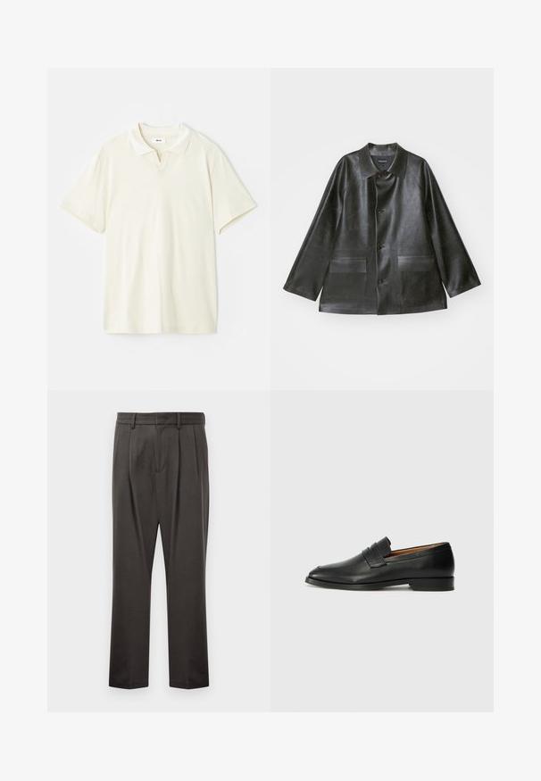 Emporio Armani CABAN - Imiteret læderjakke - lavagna; Cremefarvet polo skjorte med klassisk krave, korte ærmer og en let v-split ved halsudskæringen. Glat tekstur og minimalistisk design.; Mørkegrå bukser lavet af struktureret stof, med flad front, plisseringer, lige ben og bæltestropper. Ingen synlig hardware eller mønstre.; Sort læder loafer med rund tå, diskret syning, og lav hæl, der har en glat tekstur og minimalistisk design.